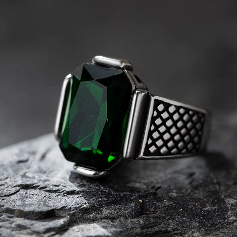 Rectangular Gemstone Grid Band Stainless Steel Ring