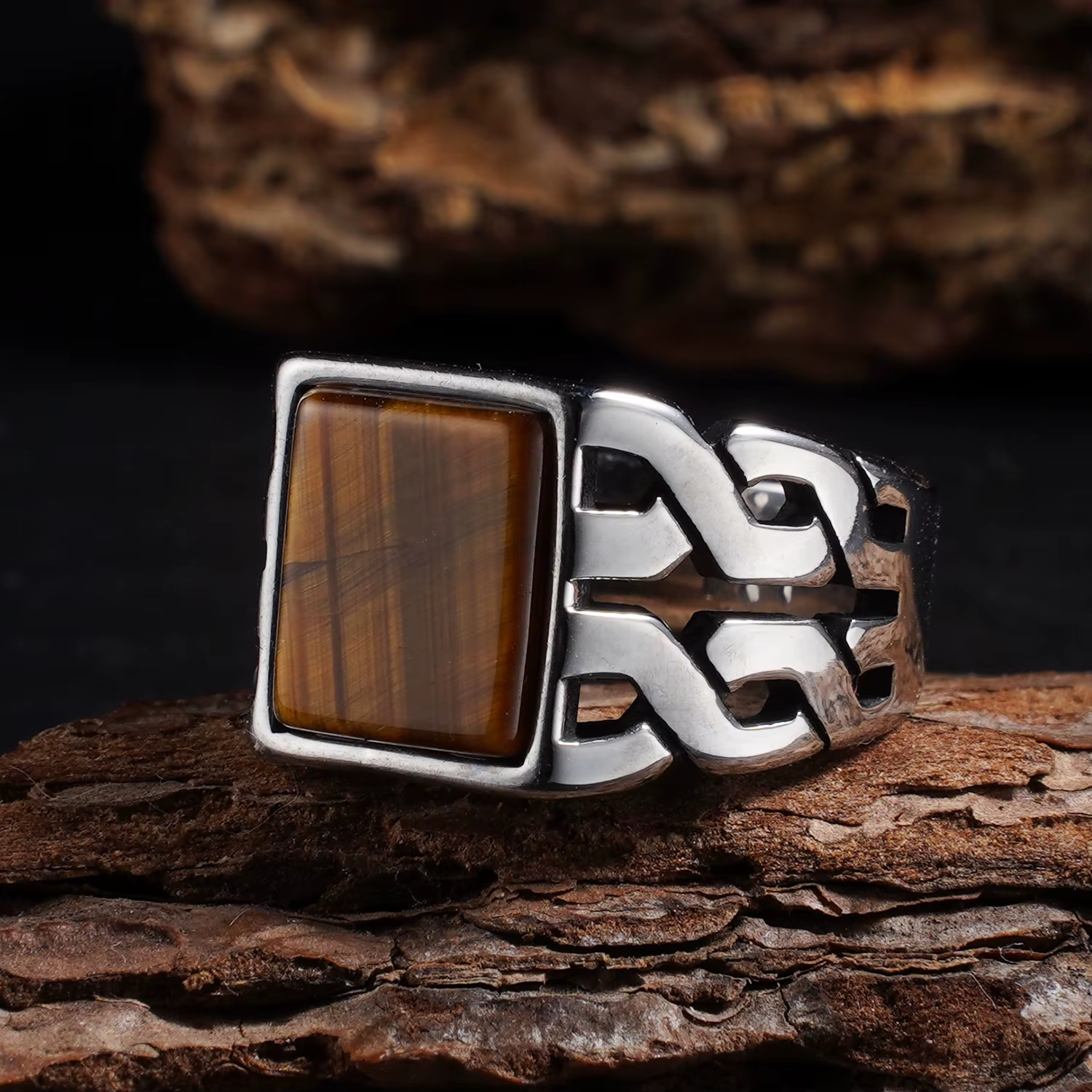 Celtic Knot Tiger's Eye Stainless Steel Ring