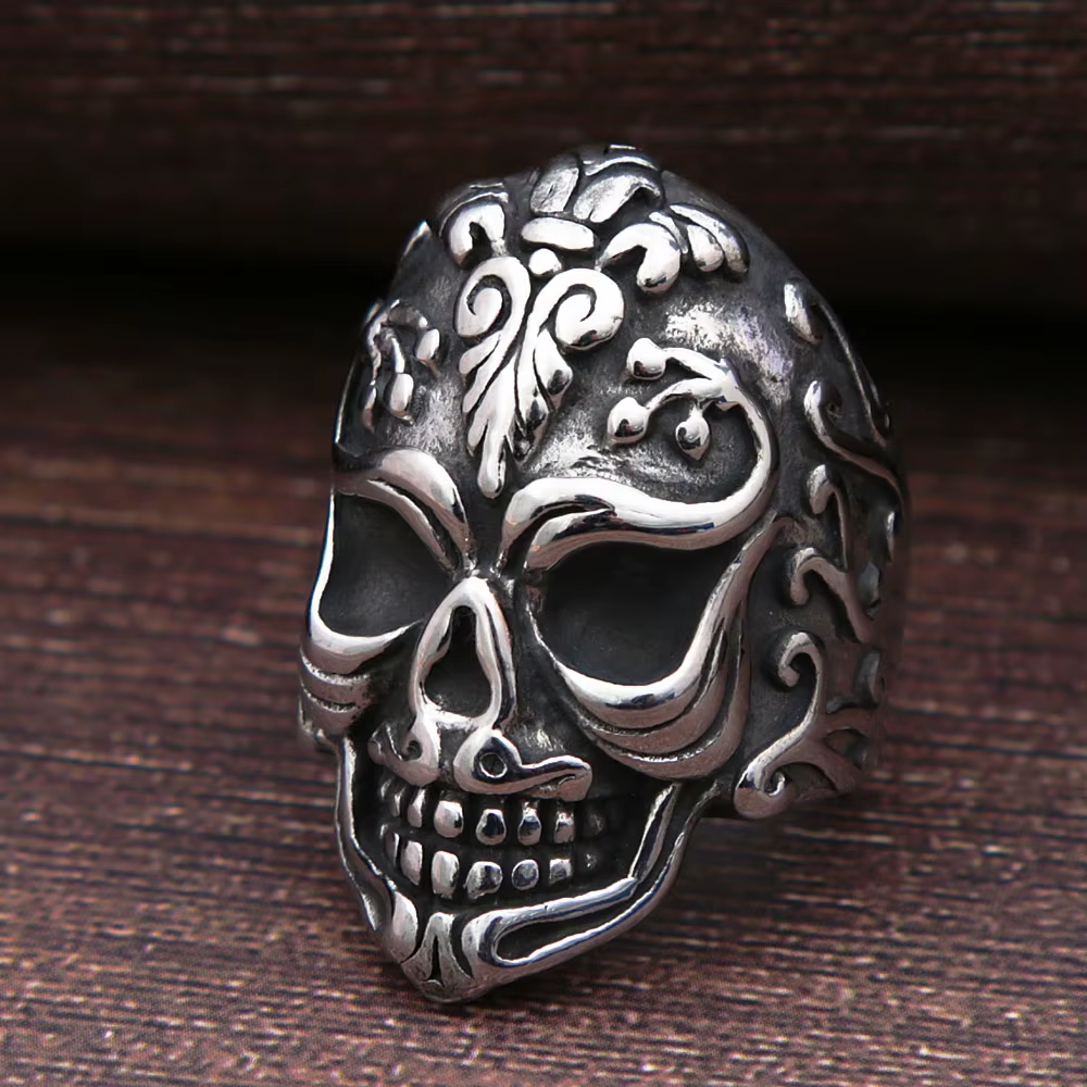 Vintage Floral Sugar Skull Stainless Steel Ring