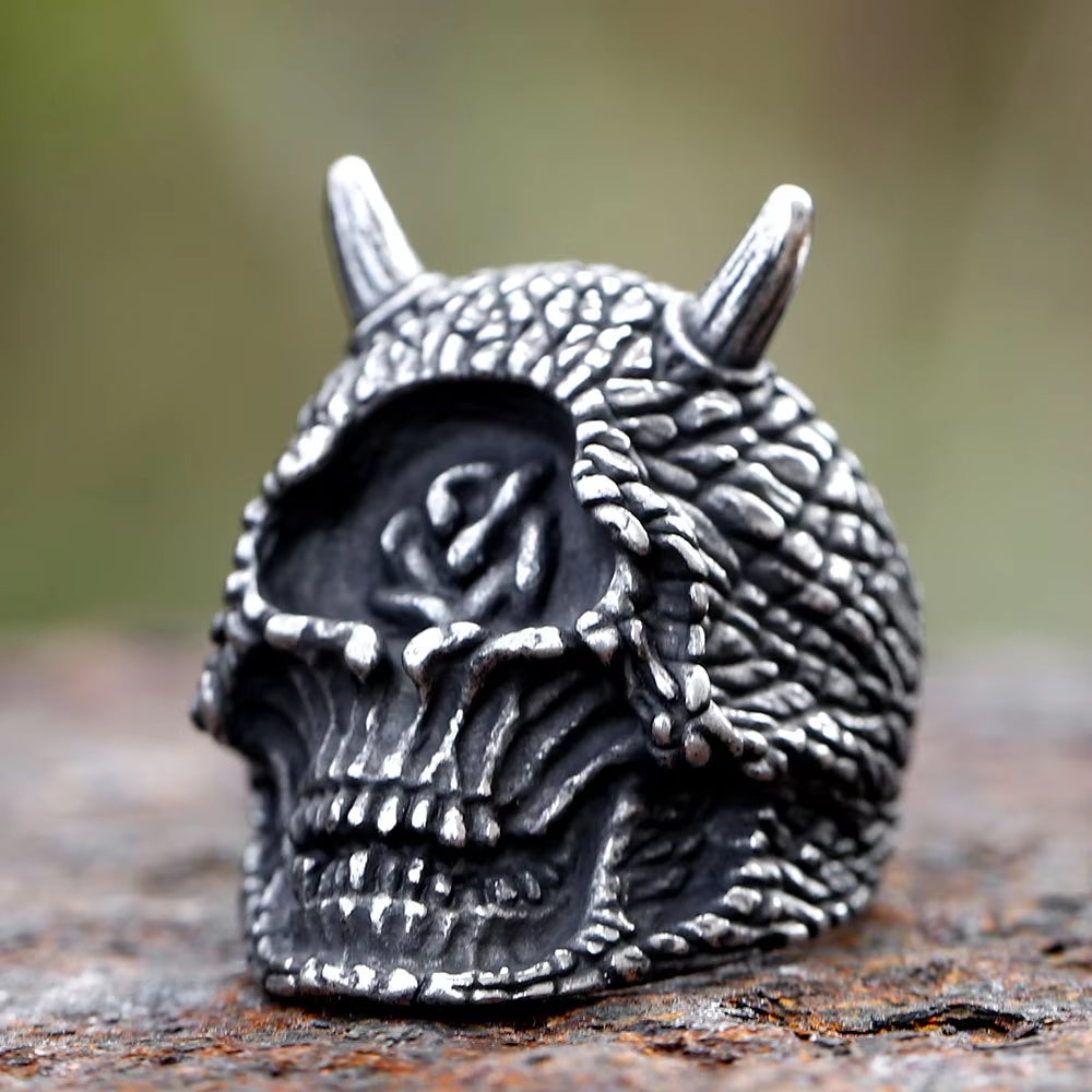 Horned Demon Skull with Rose Stainless Steel Ring