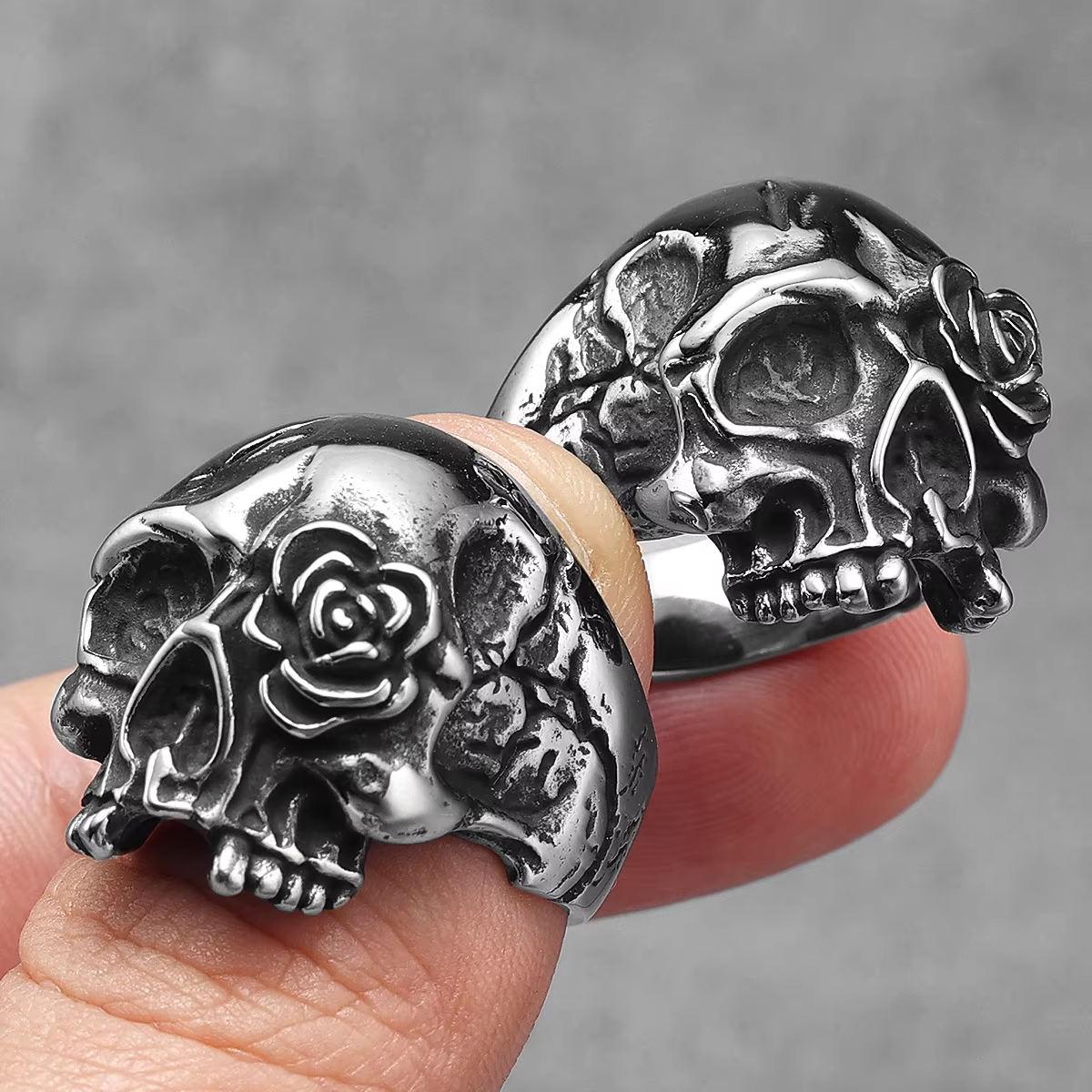 Dark Romantic Skull Rose Stainless Steel Gothic Ring