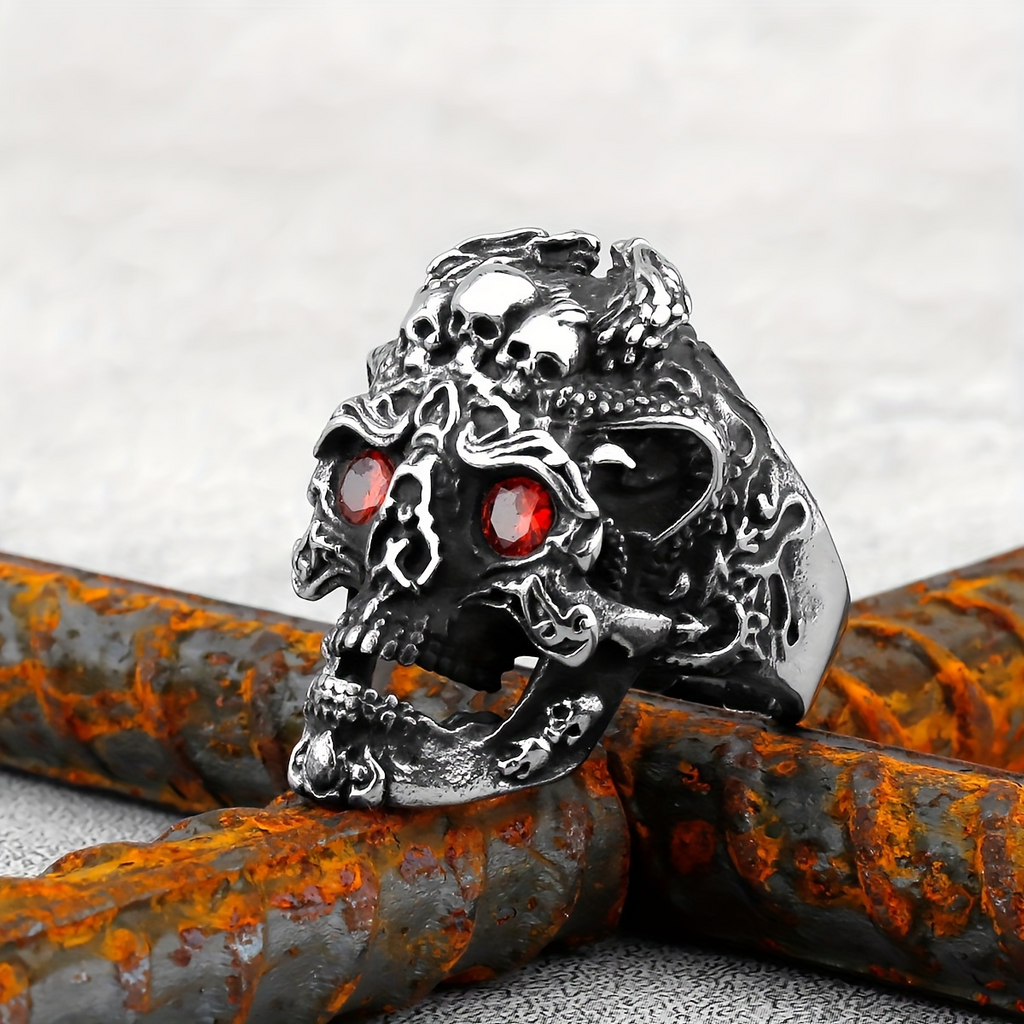 Gemstone Eyes Skull Stainless Steel Biker Ring