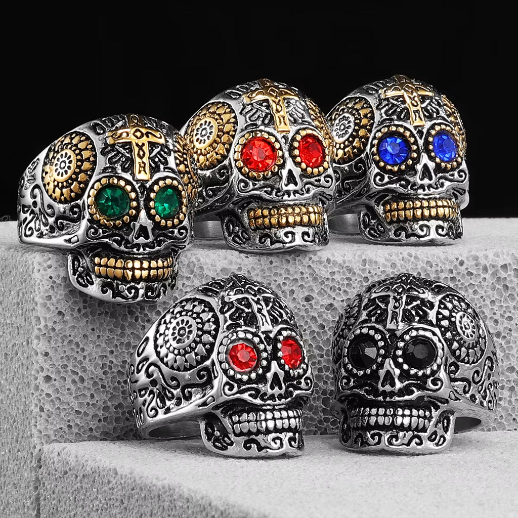 Vintage Cross Stainless Steel Sugar Skull Ring