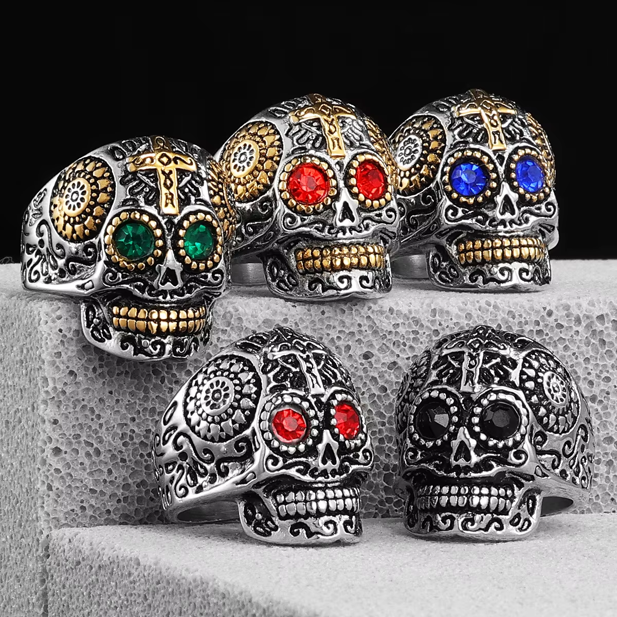 Vintage Cross Stainless Steel Sugar Skull Ring