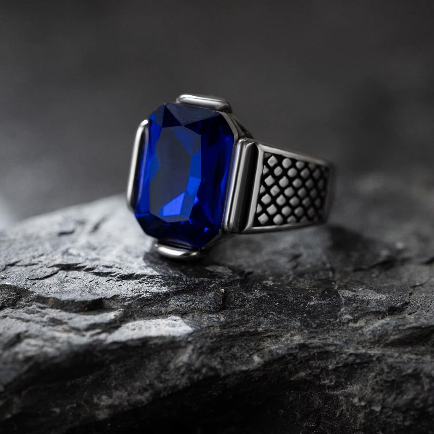 Rectangular Gemstone Grid Band Stainless Steel Ring