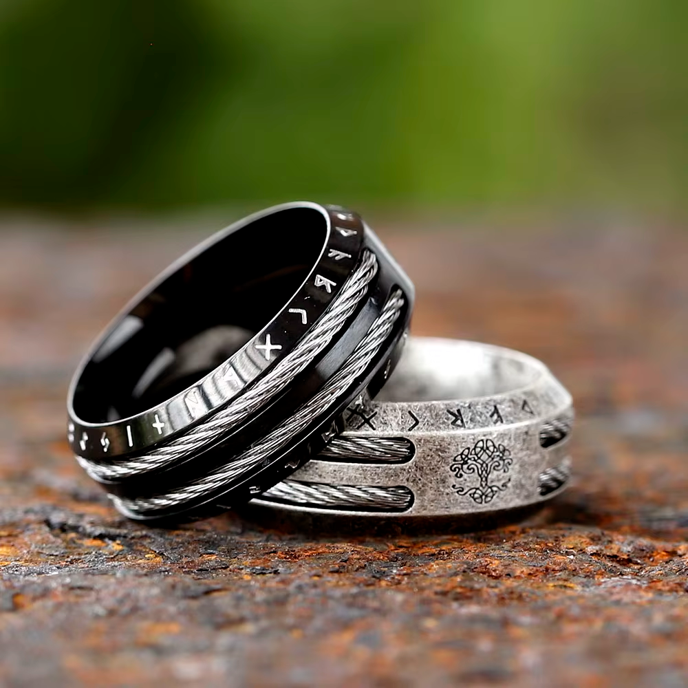 Yggdrasil Rune Wire Inlay Stainless Steel Ring