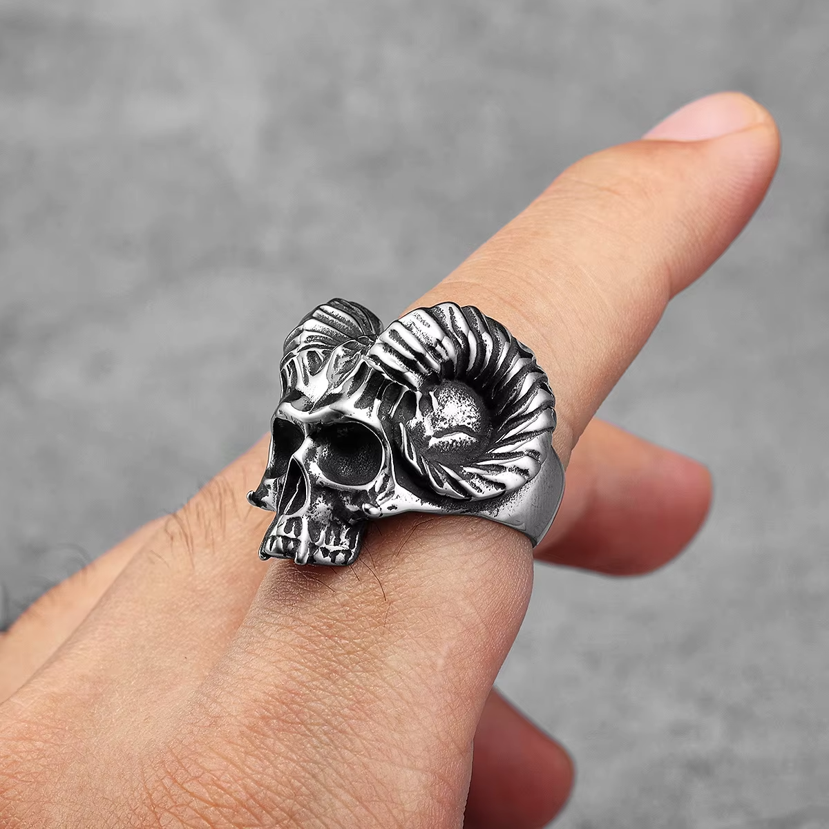 Satanic Ram Horn Skull Stainless Steel Statement Ring