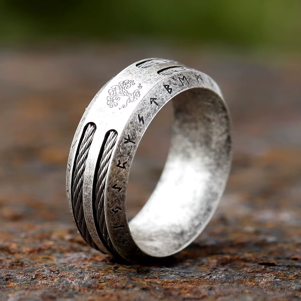 Yggdrasil Rune Wire Inlay Stainless Steel Ring
