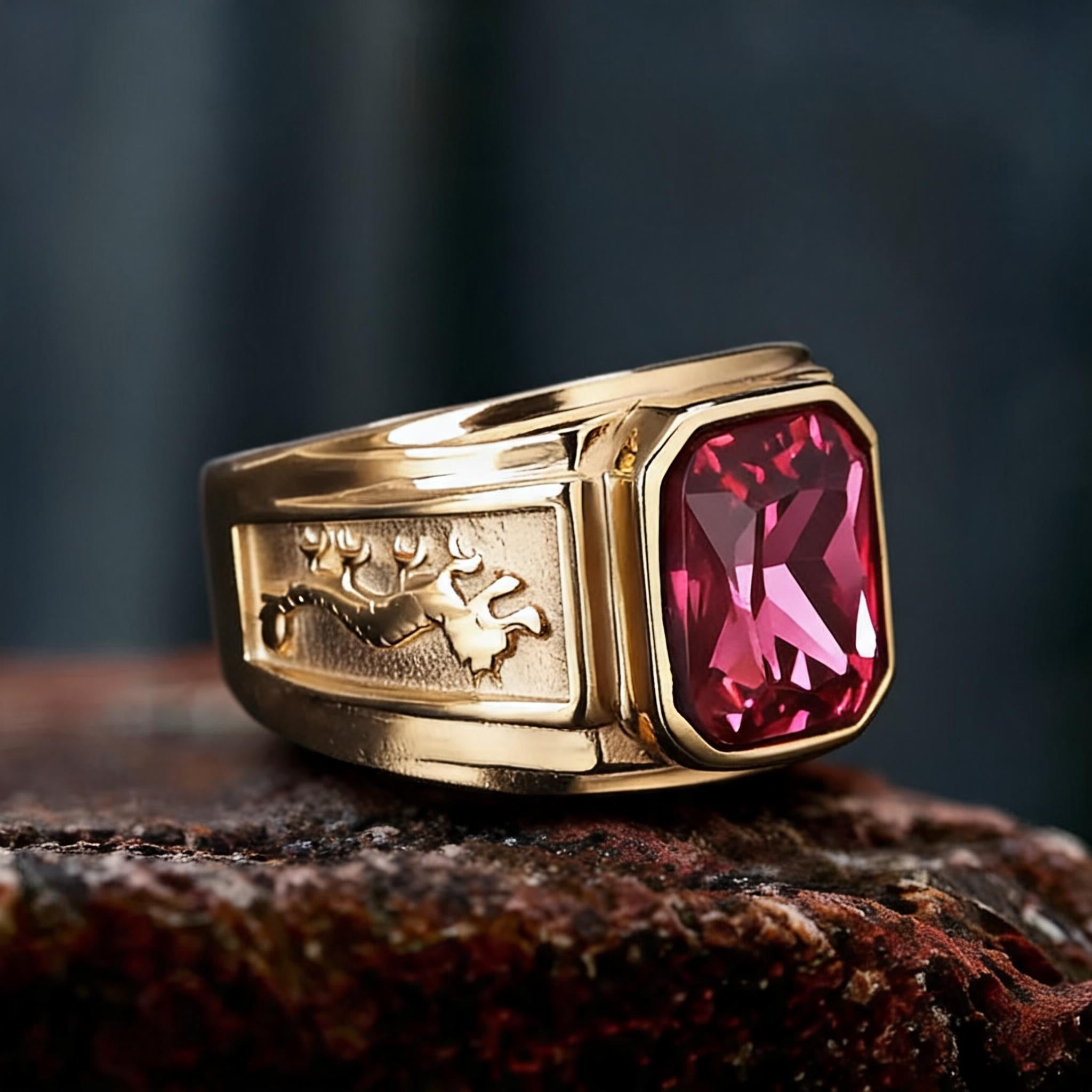 Dual Eastern Dragon Golden Band Gemstone Ring