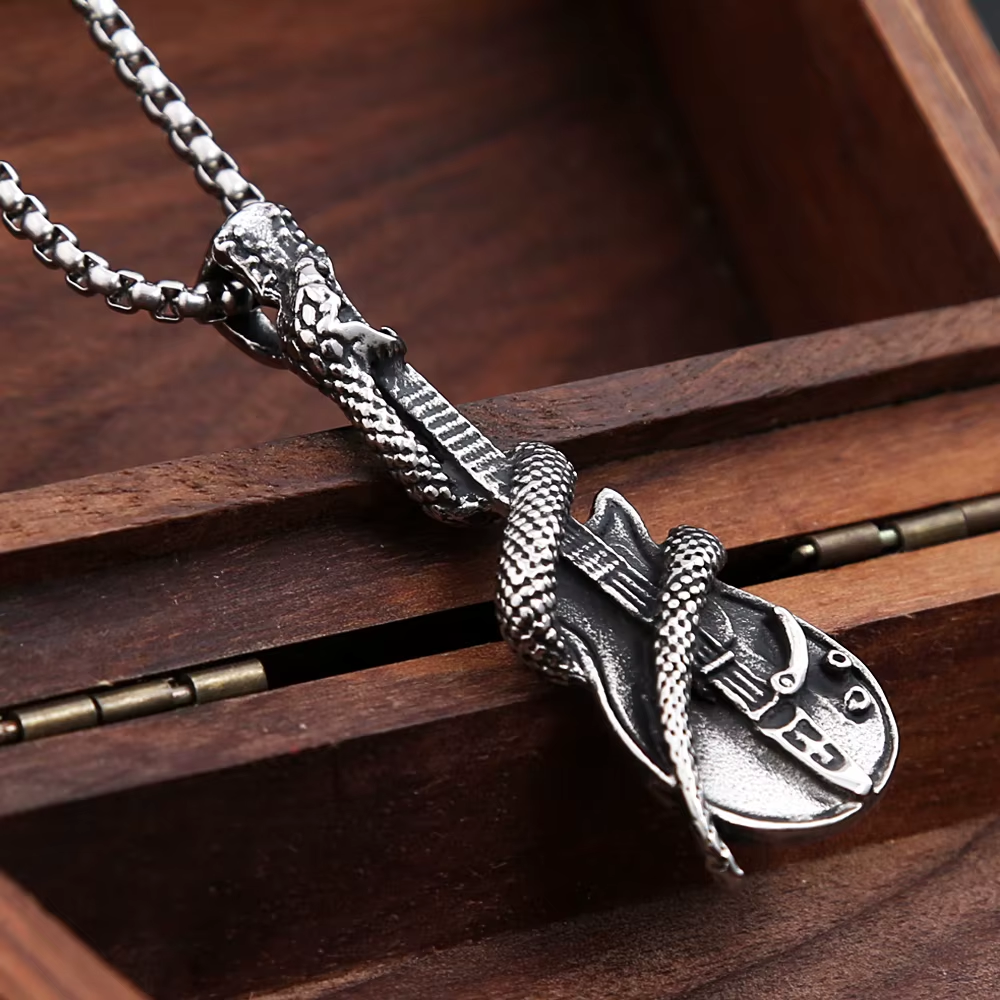 Snake Wrapped Electric Guitar Stainless Steel Pendant