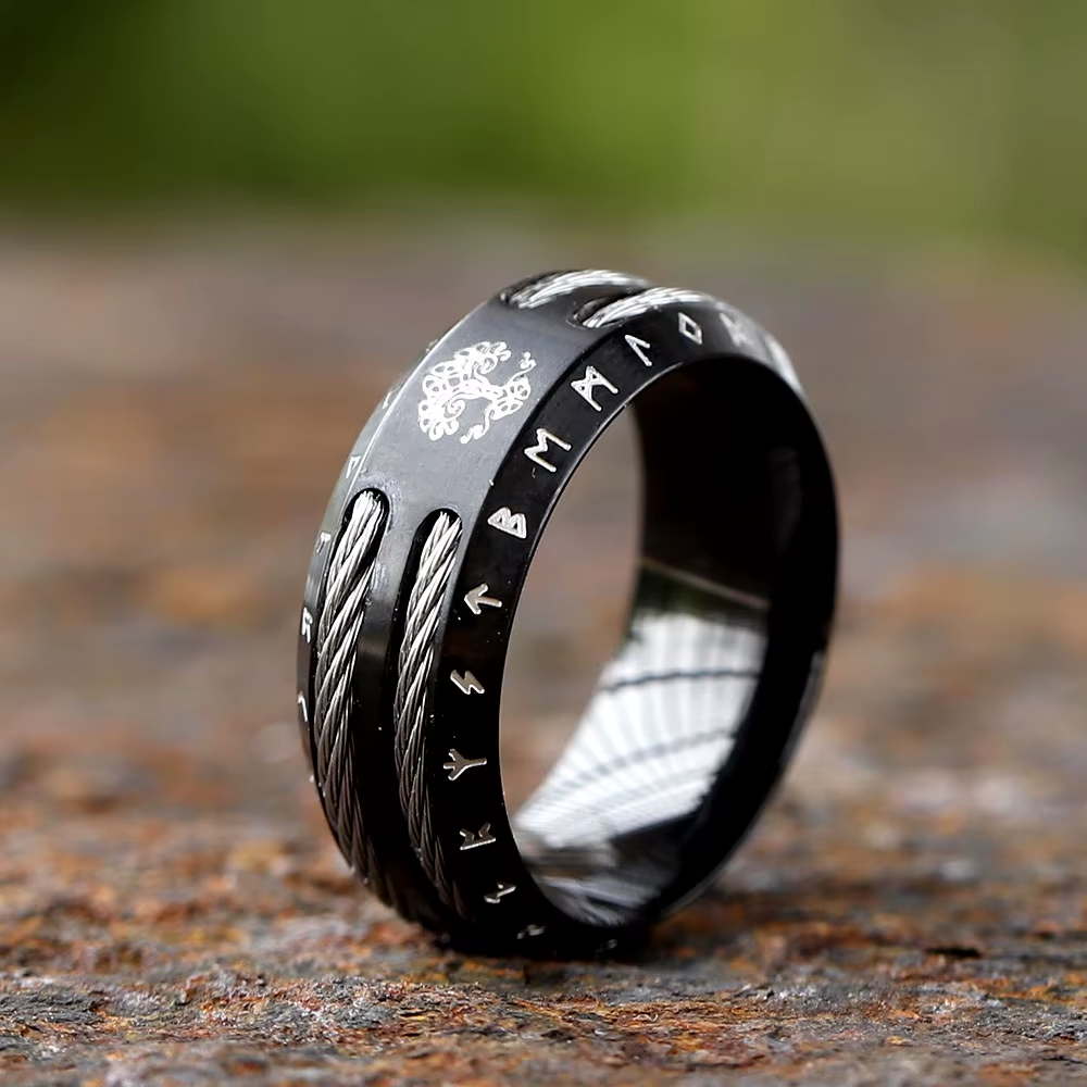 Yggdrasil Rune Wire Inlay Stainless Steel Ring