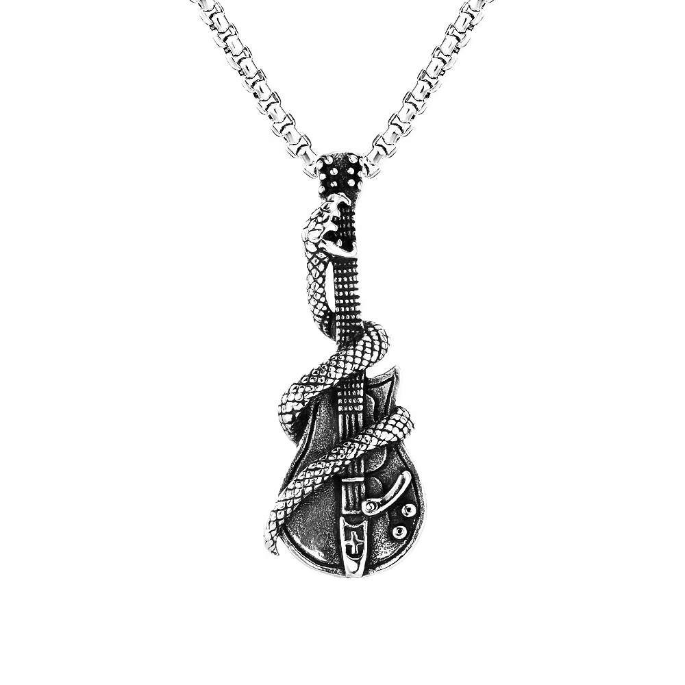 Snake Wrapped Electric Guitar Stainless Steel Pendant