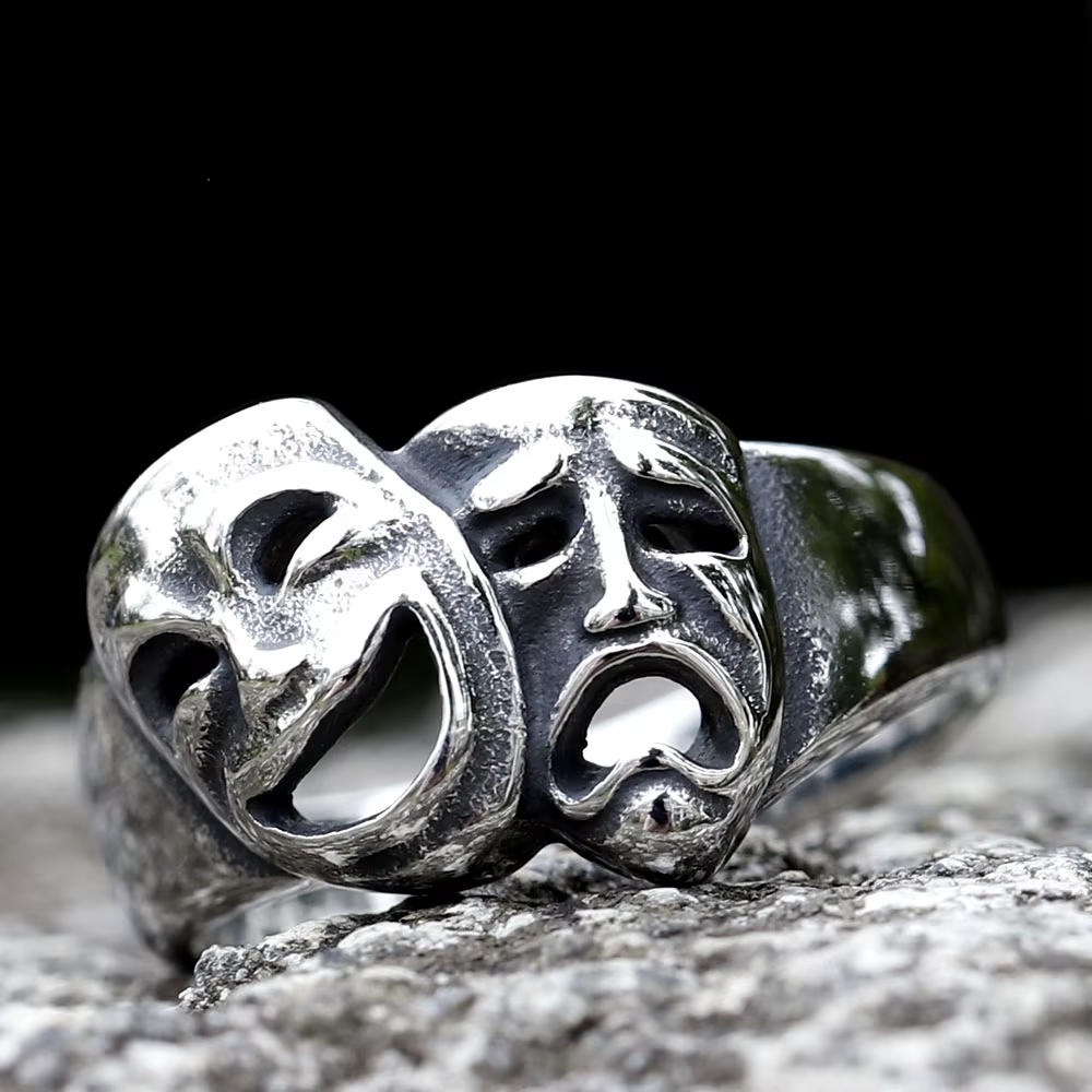 Comedy Tragedy Theater Mask Stainless Steel Ring