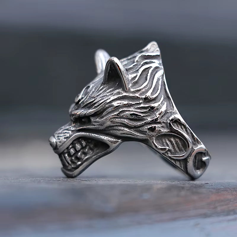 Fierce Roaring Wolf Head Stainless Steel Ring