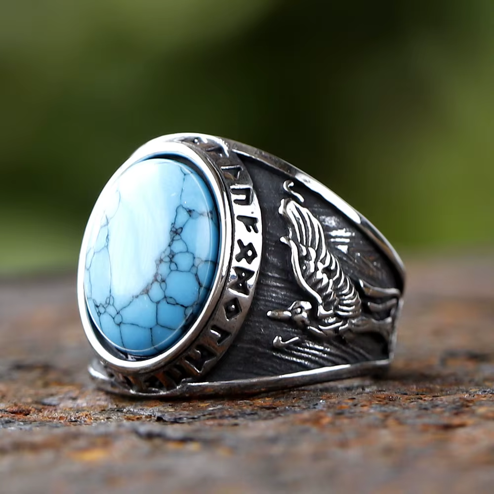 Turquoise Raven Rune Stainless Steel Ring