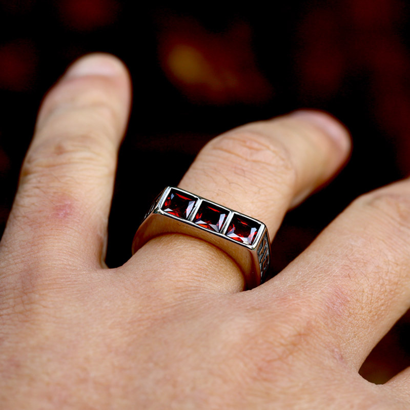 Square Gem Engraved Wide Stainless Steel Ring