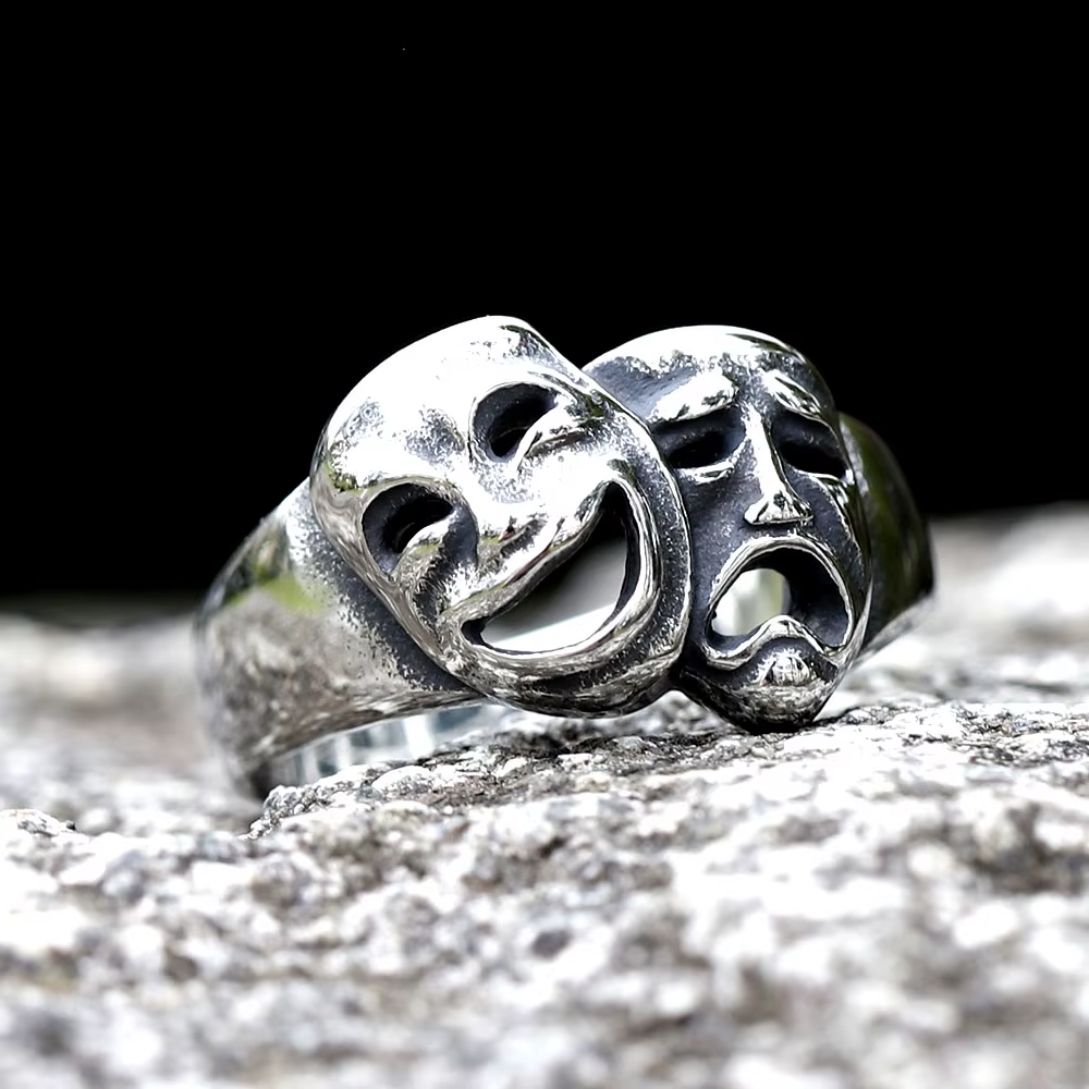 Comedy Tragedy Theater Mask Stainless Steel Ring