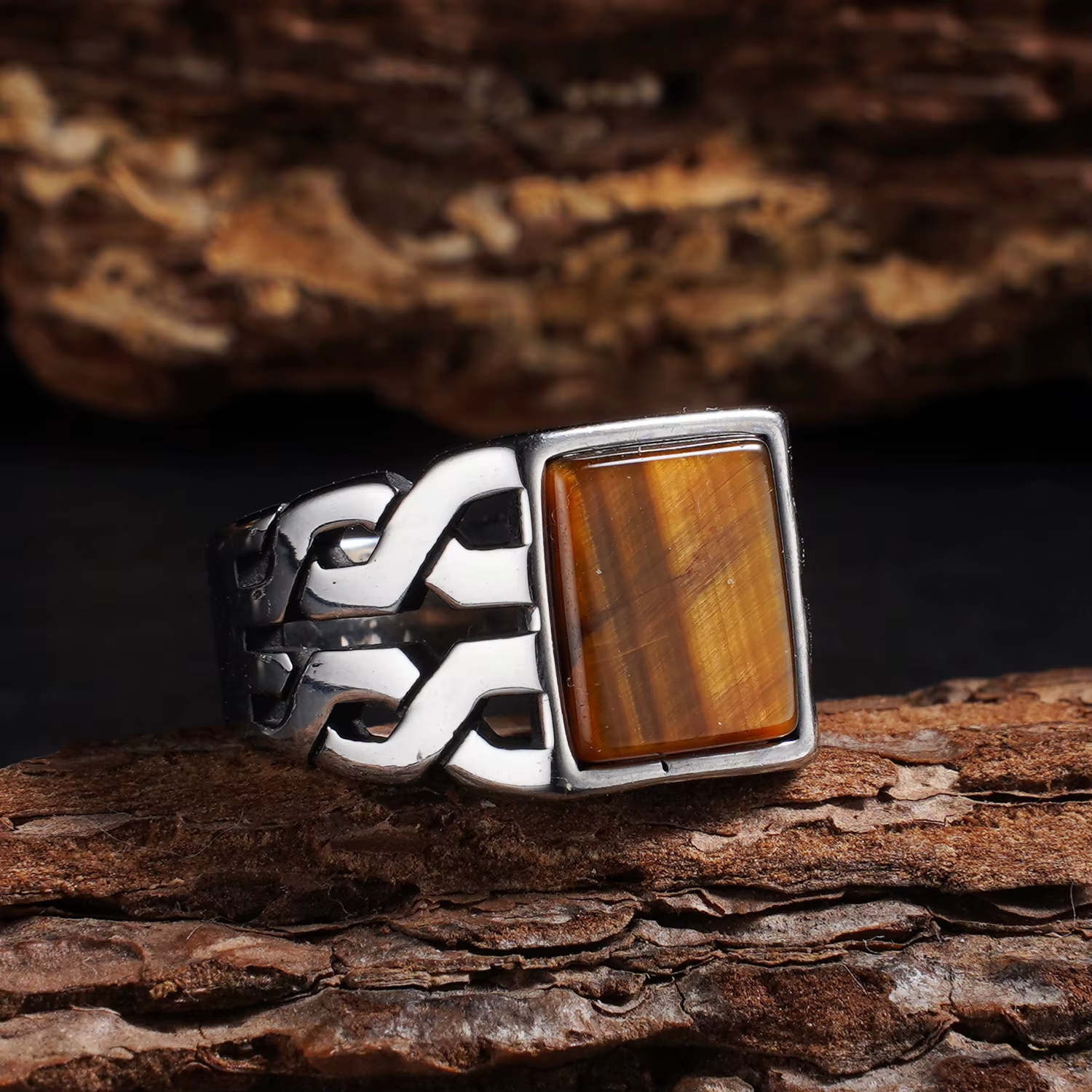 Celtic Knot Tiger's Eye Stainless Steel Ring