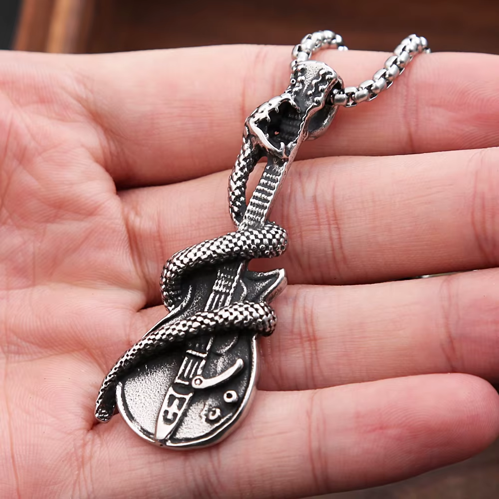 Snake Wrapped Electric Guitar Stainless Steel Pendant