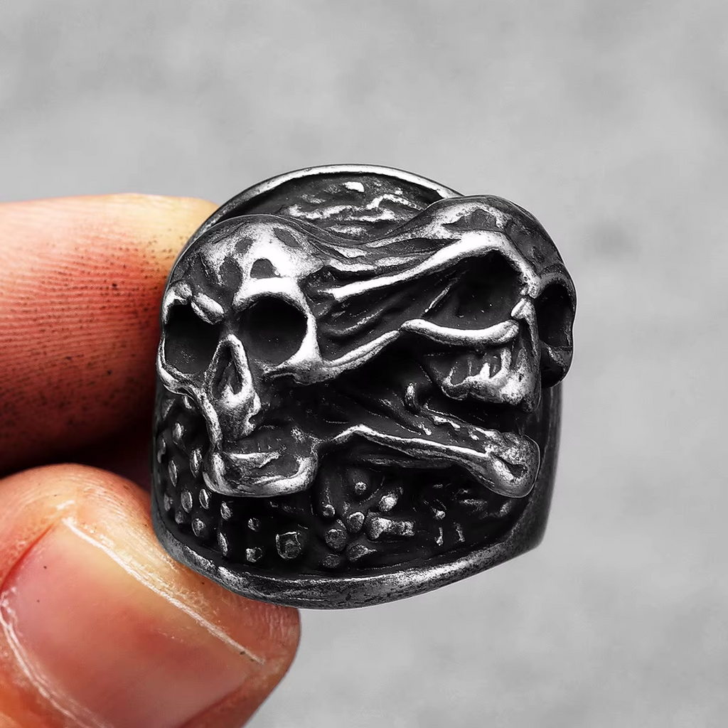 Split Personality Twin Skull Gothic Biker Ring