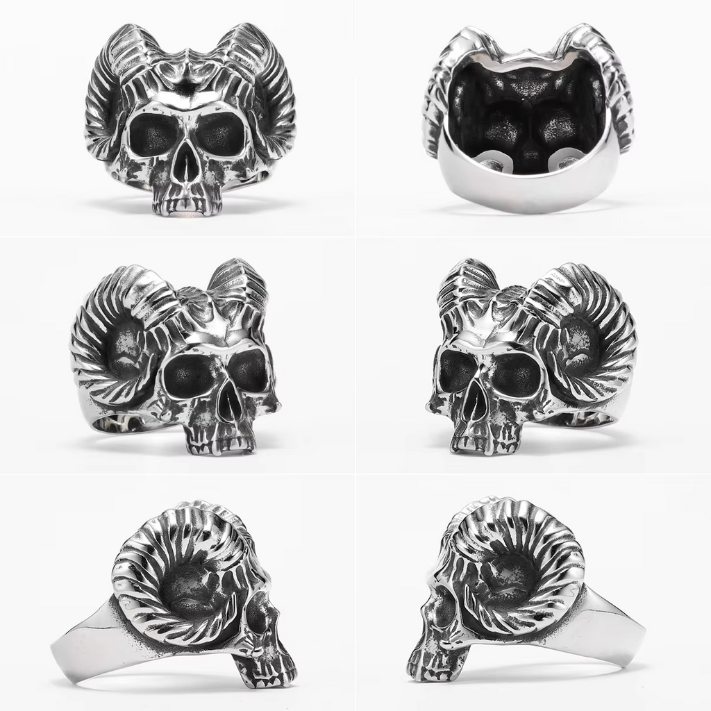 Satanic Ram Horn Skull Stainless Steel Statement Ring