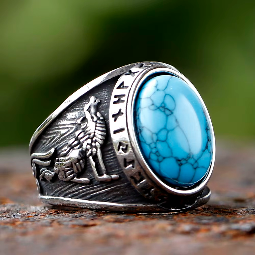 Turquoise Raven Rune Stainless Steel Ring