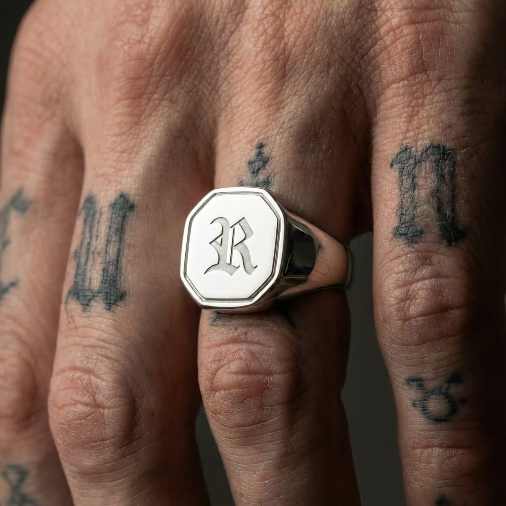 Hex Initial Signet Ring