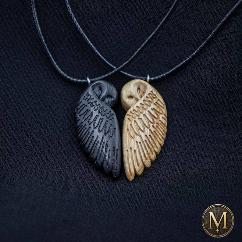 Handcrafted Black & White Owl Couple Necklace Set | Minimalist Wooden Matching Jewelry