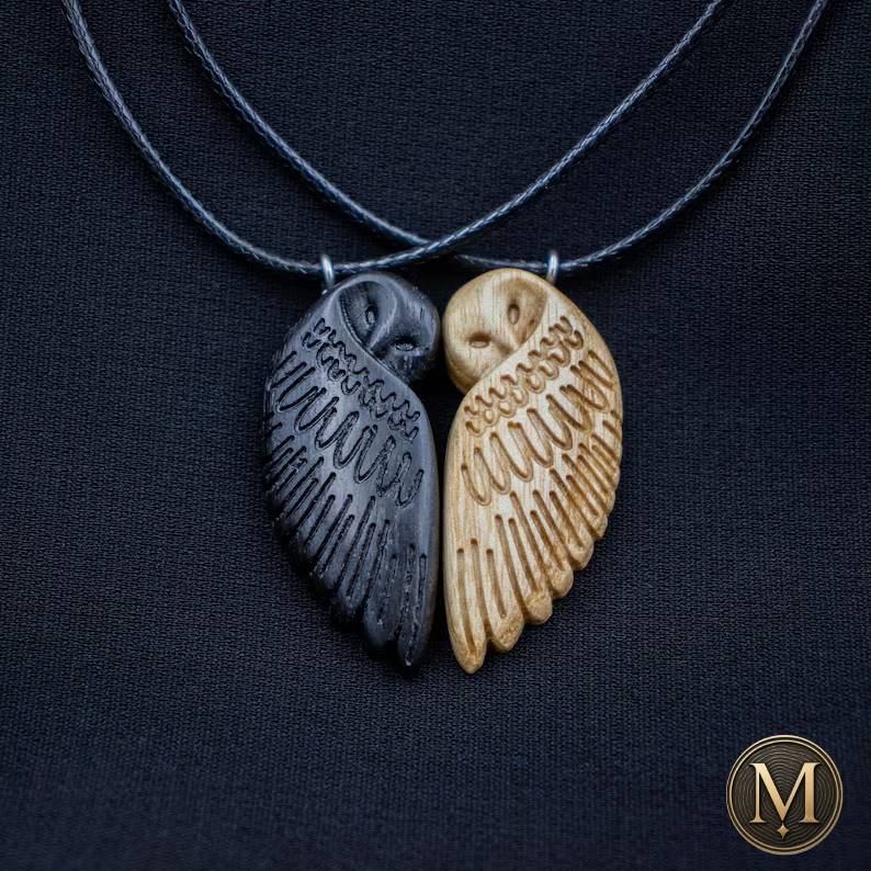 Handcrafted Black & White Owl Couple Necklace Set | Minimalist Wooden Matching Jewelry