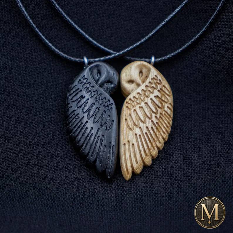 Handcrafted Black & White Owl Couple Necklace Set | Minimalist Wooden Matching Jewelry