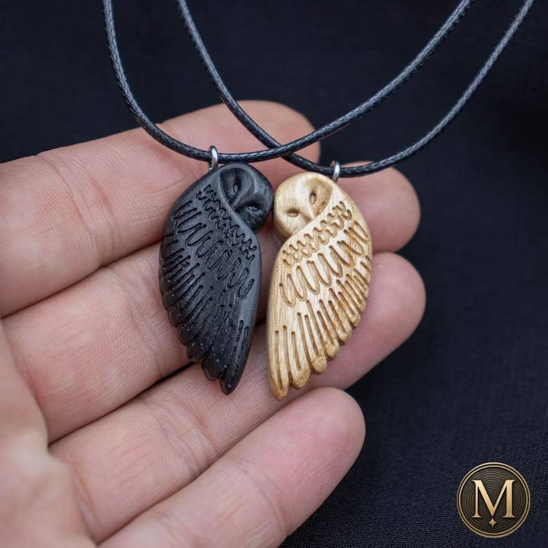 Handcrafted Black & White Owl Couple Necklace Set | Minimalist Wooden Matching Jewelry