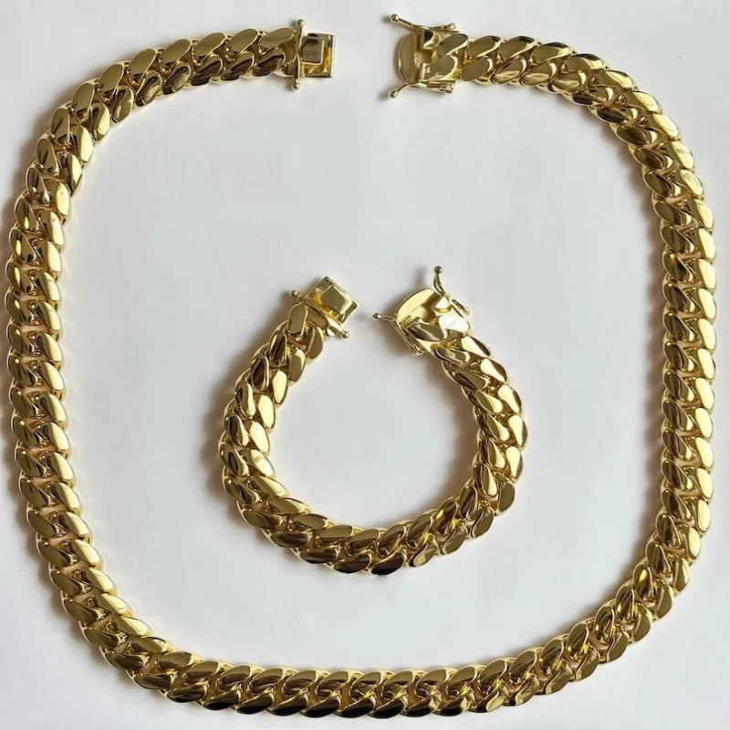 12mm 18K Gold Cuban Chain and Bracelet Set
